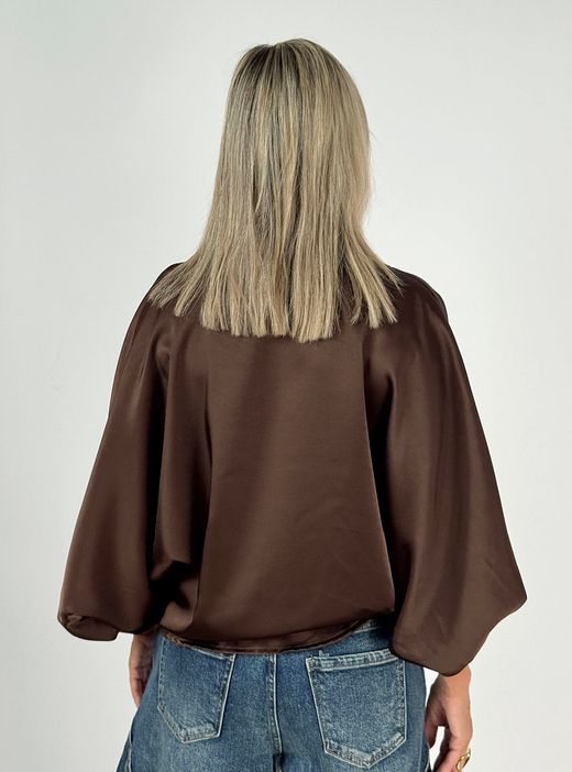 Blusa Abullonada de Raso Marrón