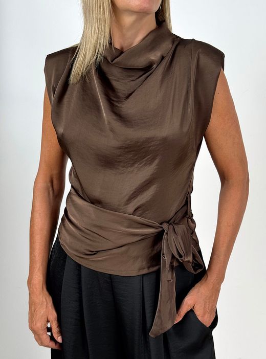 Blusa de Raso Drapeada Marrón