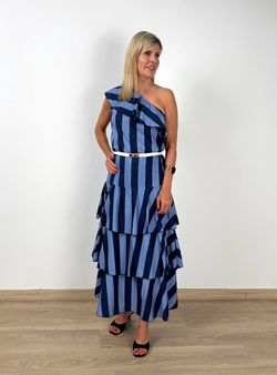 Blusa de rayas con volante marino-azul