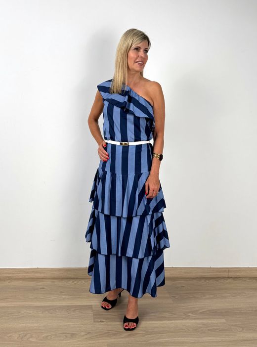 Blusa de rayas con volante marino-azul