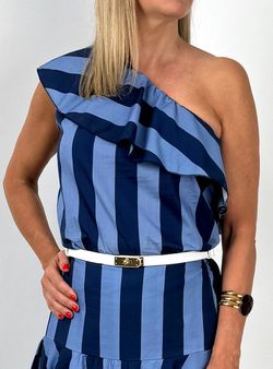 Blusa de rayas con volante marino-azul