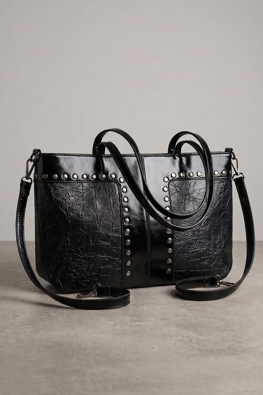 Bolso Shopper Efecto Arrugado y Tachas negro