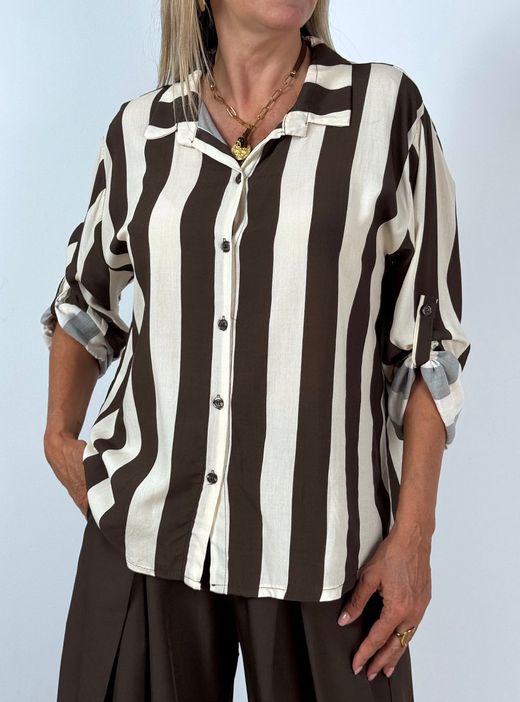 Camisa Fluida de Rayas Crudo-Marrón