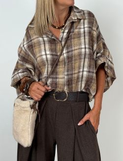 Camisa Oversize Cuadros Mangas Globo Beige-Marrón