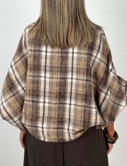 Camisa Oversize Cuadros Mangas Globo Beige-Marrón