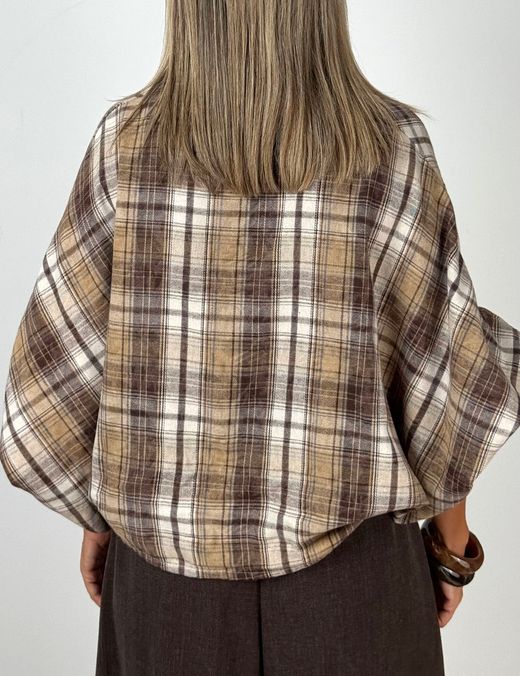 Camisa Oversize Cuadros Mangas Globo Beige-Marrón