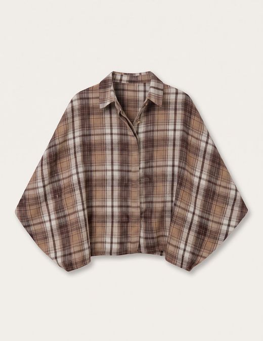 Camisa Oversize Cuadros Mangas Globo Marrón-Beige