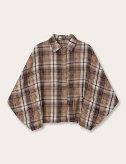 Camisa Oversize Cuadros Mangas Globo Marrón-Beige