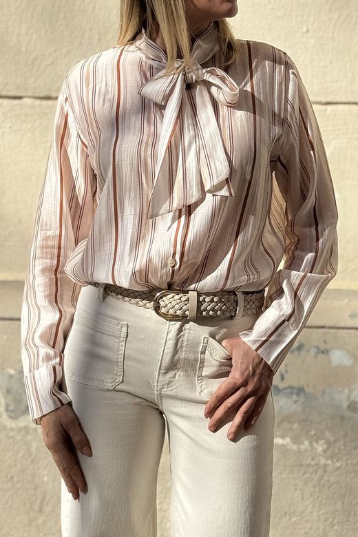 Camisa rayas lazo beige-burdeos