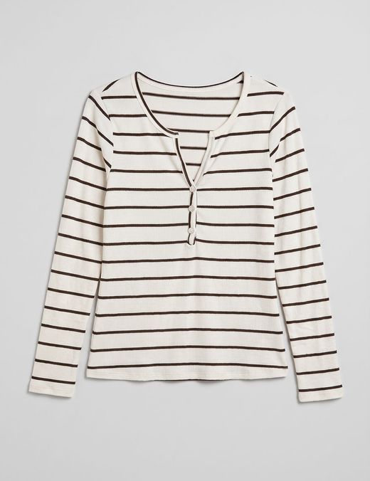 Camiseta Henley Rib a Rayas Crudo-Marrón