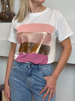Camiseta pinceladas blanco-rosa-oro