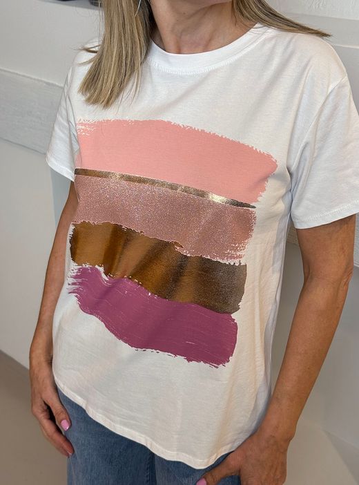 Camiseta pinceladas blanco-rosa-oro