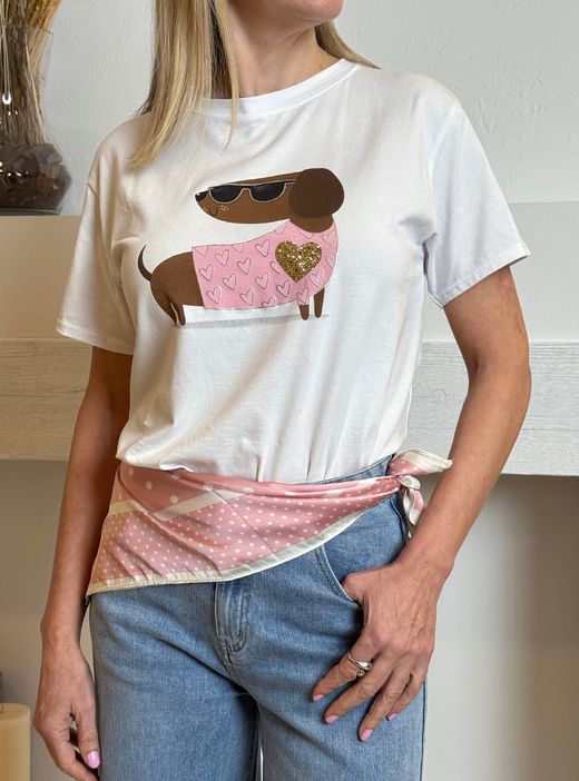 Camiseta Teckel blanco-rosa