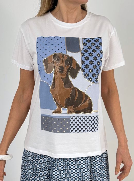 Camiseta Teckel lunares blanco-azul