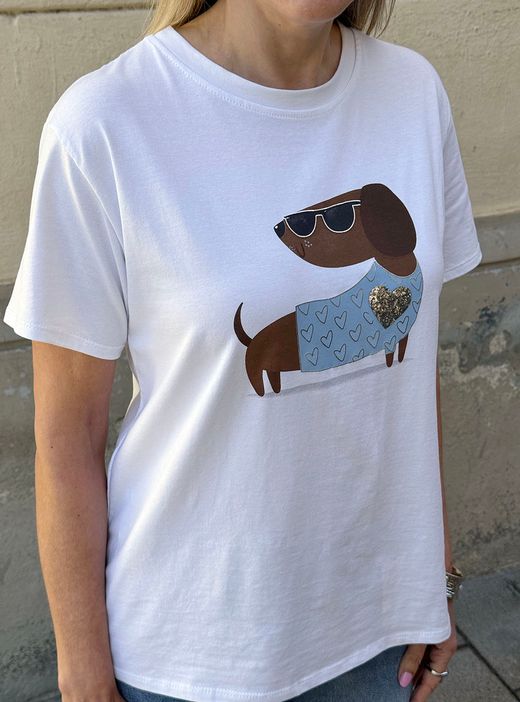 Camiseta Teckel blanco-celeste