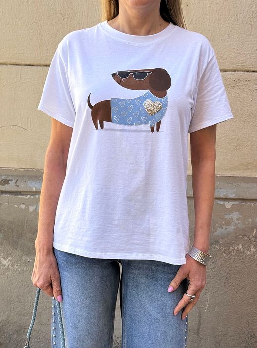 Camiseta Teckel blanco-celeste