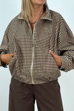 Cazadora Bomber de Cuadros Beige-Marrón