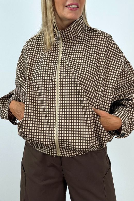 Cazadora Bomber de Cuadros Beige-Marrón