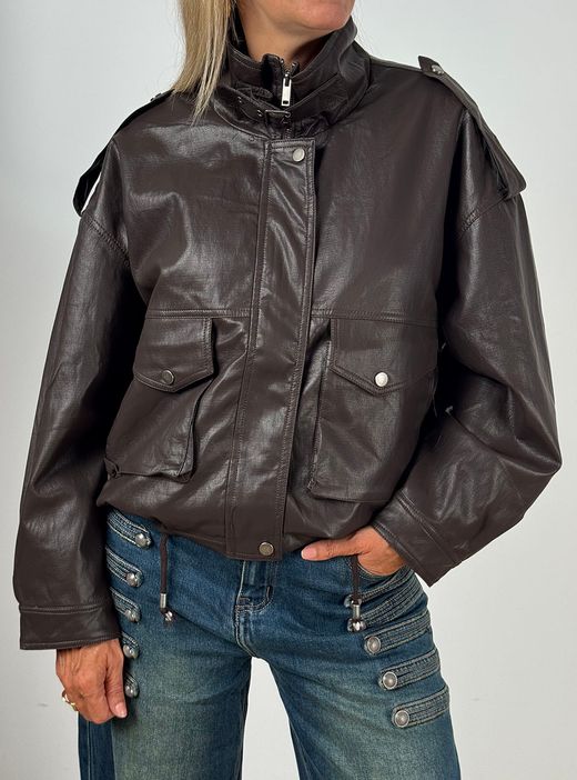 Cazadora Oversize Efecto Piel Marrón