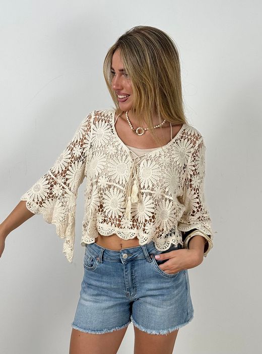 Chaqueta ganchillo floral beige