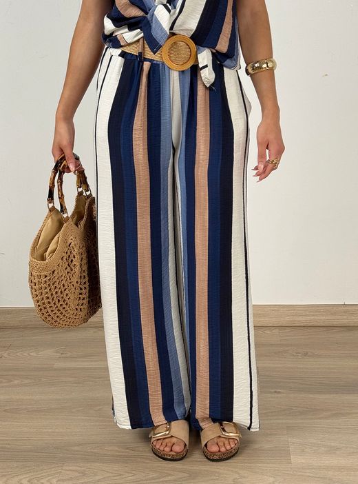 Pantalón rayas Begur marino-beige