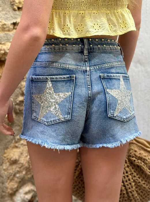 Short tejano tachas estrellas azul denim