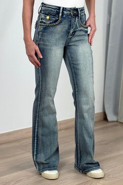 Vaqueros campana solapas azul delavado