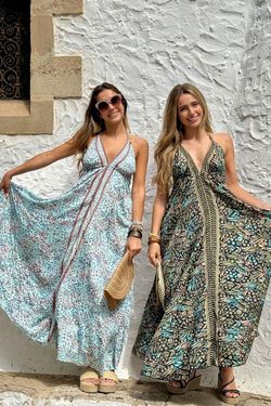 Vestido boho largo estampado negro-turquesa