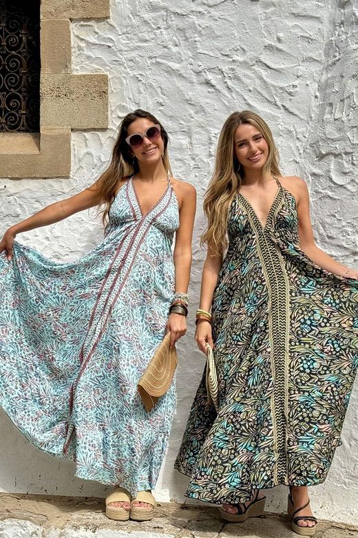 Vestido boho largo estampado negro-turquesa