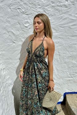 Vestido boho largo estampado negro-turquesa