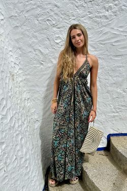 Vestido boho largo estampado negro-turquesa