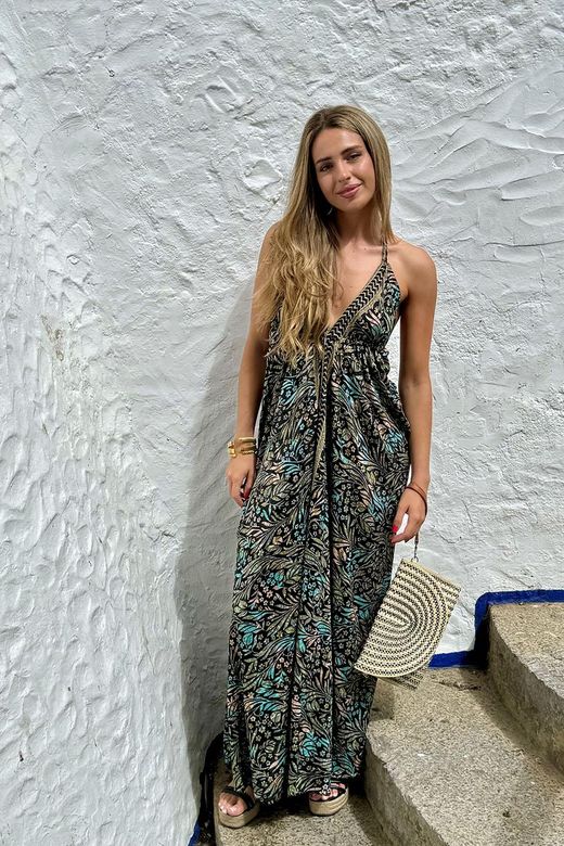 Vestido boho largo estampado negro-turquesa