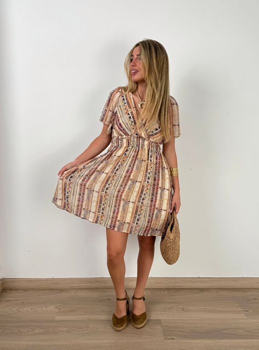 Vestido corto Zanzíbar beige-burdeos