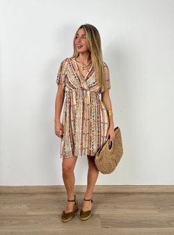 Vestido corto Zanzíbar beige-burdeos