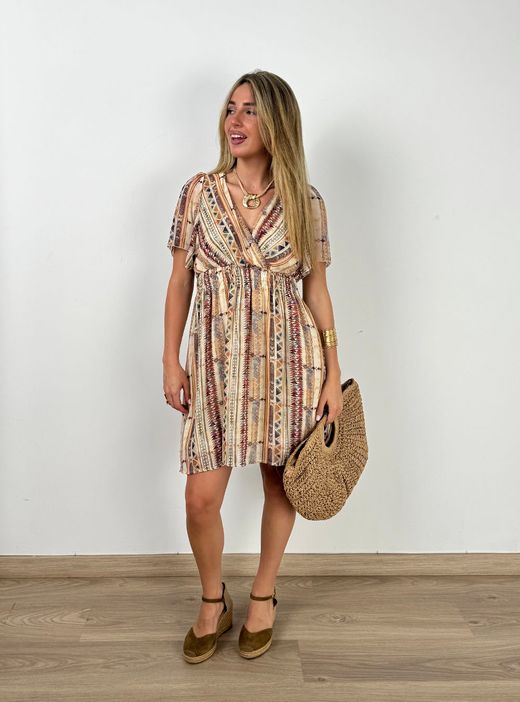 Vestido corto Zanzíbar beige-burdeos