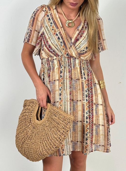 Vestido corto Zanzíbar beige-burdeos