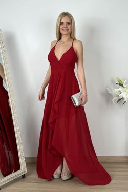 Vestido gasa falda asimétrica burdeos