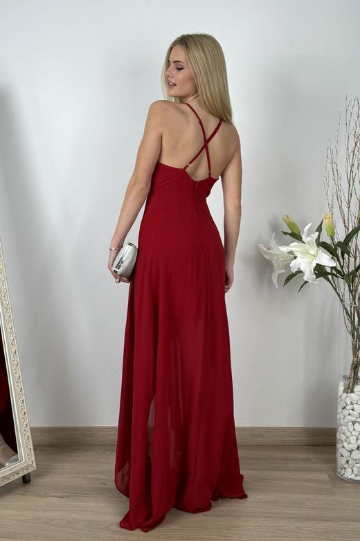 Vestido gasa falda asimétrica burdeos