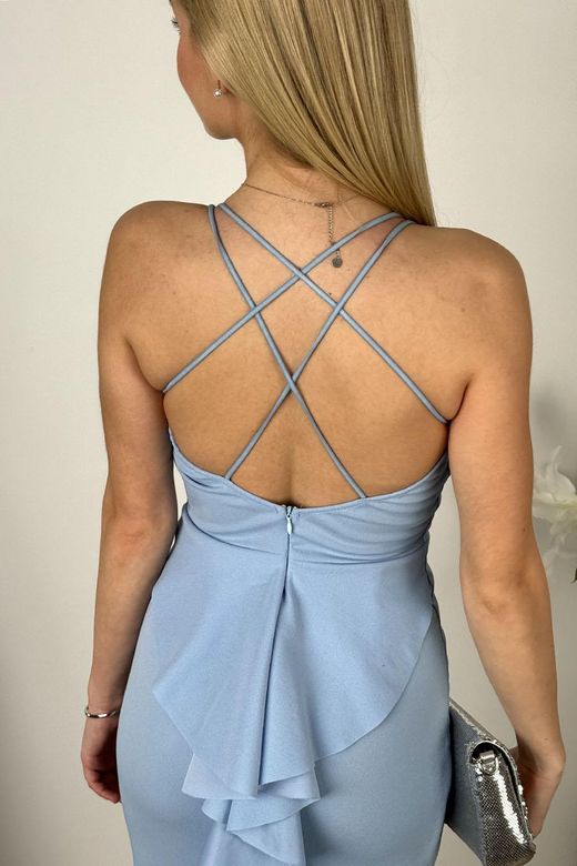 Vestido largo celeste con volante