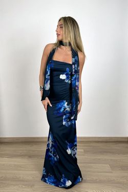 Vestido largo flores Triana azul marino