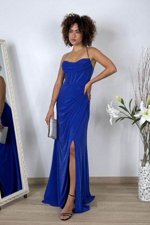Vestido largo lurex corset azul klein