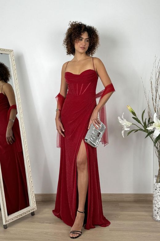 Vestido largo lurex corset burdeos