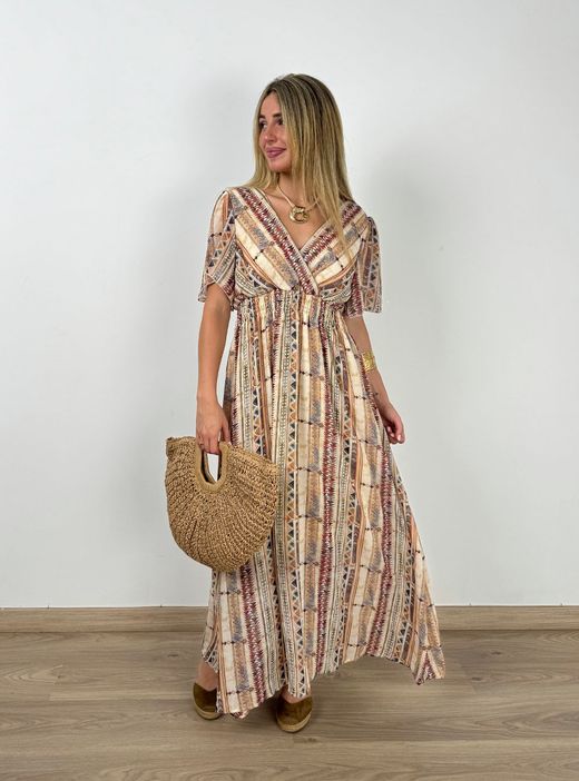 Vestido largo Zanzíbar beige-burdeos