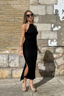 Vestido midi lurex halter negro