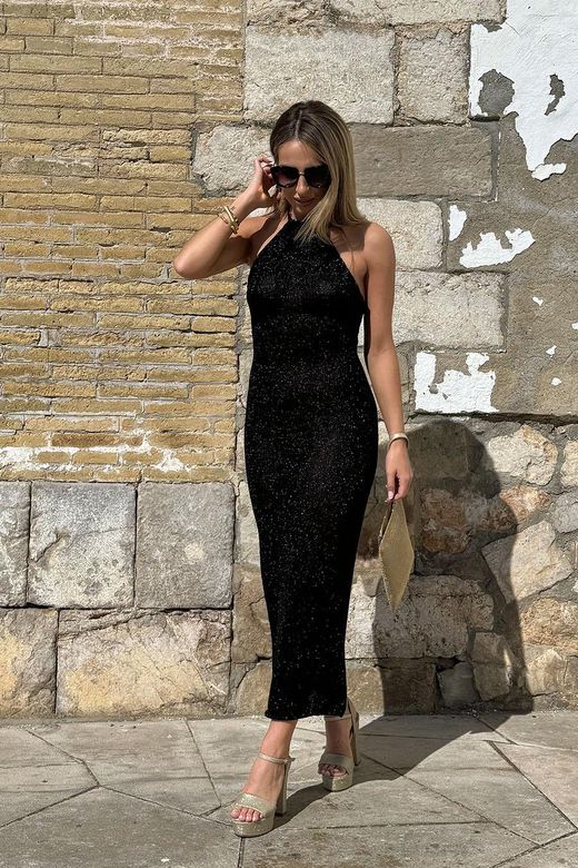 Vestido midi lurex halter negro