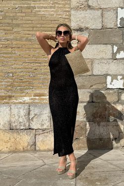 Vestido midi lurex halter negro